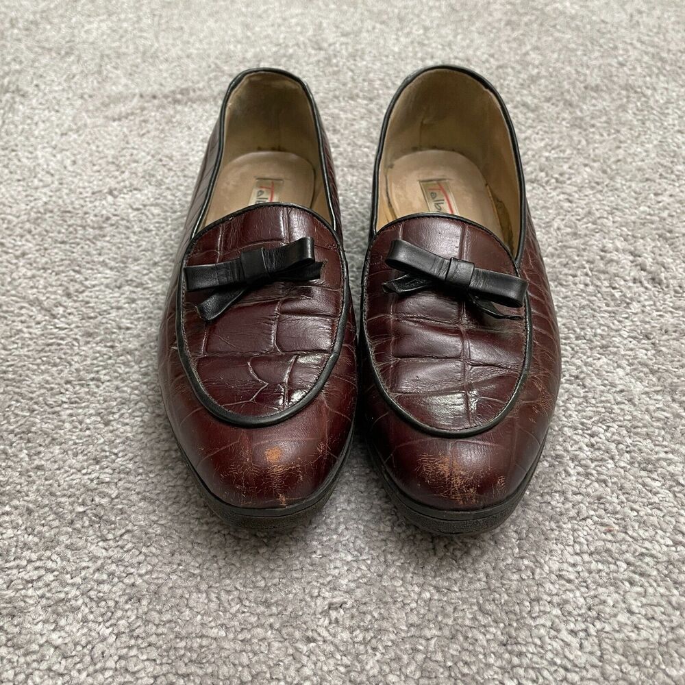 Talbots Crocodile Leather Loafer Shoes Womens 6.5 Brown Closed Toe Italy Made